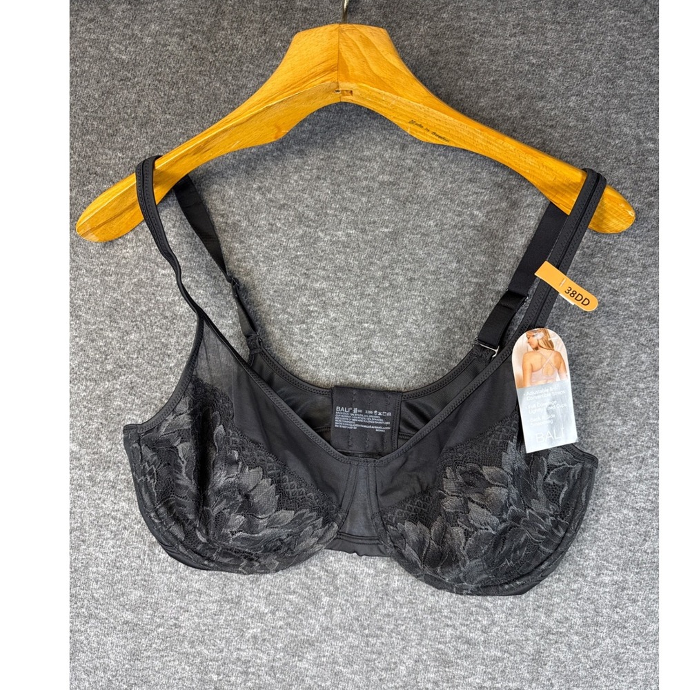 Bali 38DD Blk Lace Full Coverage Lightly Lined Adjustable Convertible Strap Bra